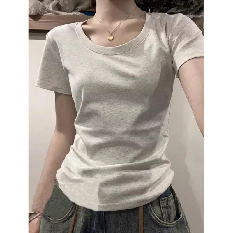 Women's Short Sleeve T-Shirt Slim Fit Base Layer Shirt Korean American Pure Desire Design Spicy Girl Top Commute Style Regula