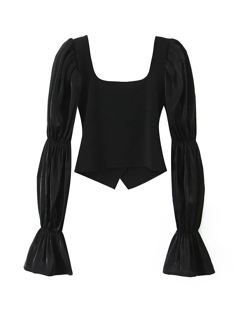 2025 Autumn New Women Elegant Black Spliced Top Fashion Square Neck Floral Buttons Fashionable Slim Fit Puff Sleeve Shirt Women