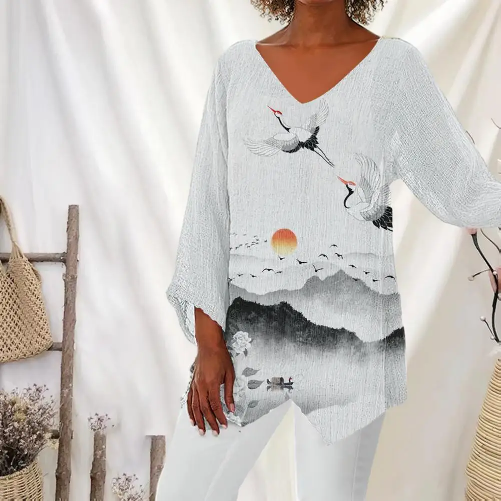 

Женский топ с длинным рукавом, шикарные женские топы в китайском стиле с V-образным вырезом и 3d принтом, модная повседневная Уличная Одежда С АСИММЕТРИЧНЫМ ПОДОЛОМ