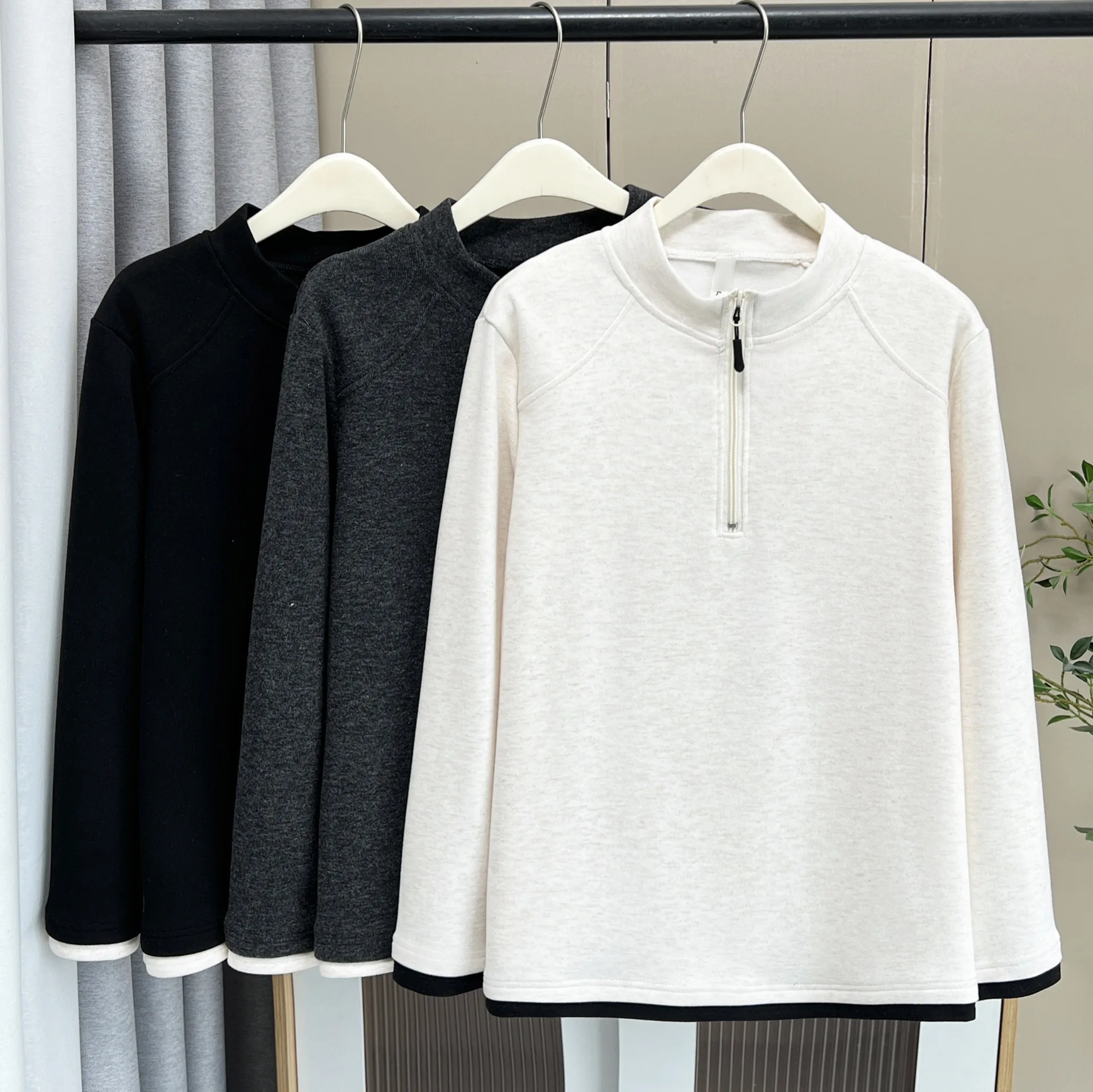 XXXXL Fashion Plus Size Women's T-Shirt Simple Block Color Fleece Warm Zipper Stand Up Collar Base Tops Autumn And Winter 2529