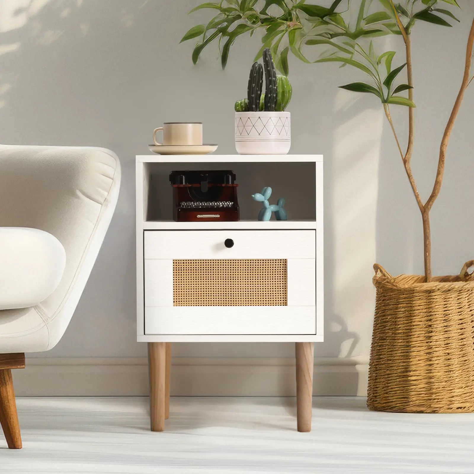 Modern Bedside Table with Rattan Drawer, Bed Side Table with Storage Shelf & Solid Wood Feet, End
