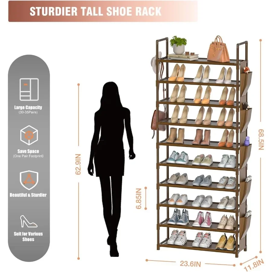 Tall Shoe Rack 10 Tier Organizer for Closet 3035 Pairs Large Capacity with 5 Hooks and Side Pocket Sturdy Metal Shoe Shelf Vert