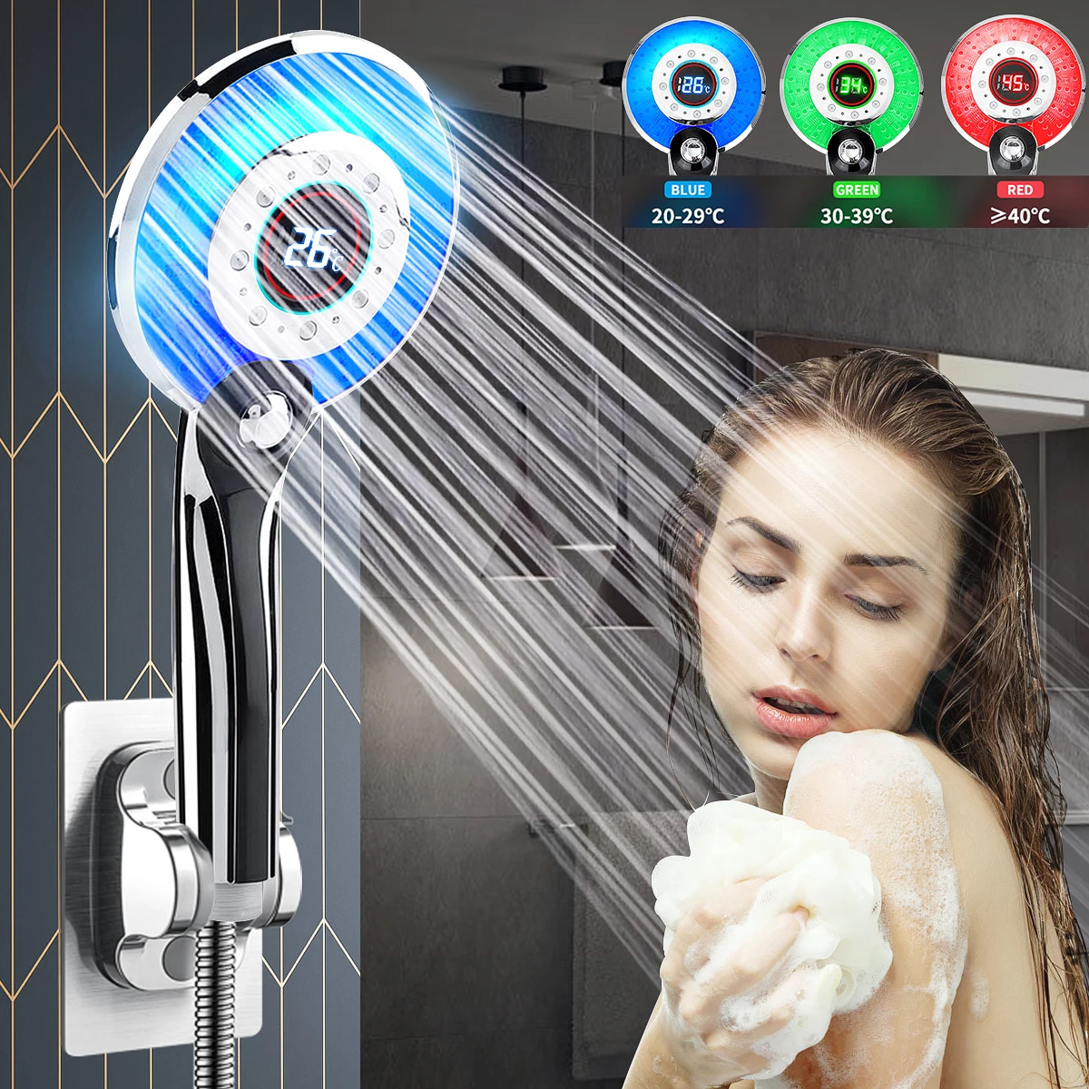 Led Shower Head Digital Shower Filter Temperature Control 3 Spraying Mode Shower Sprayer Water