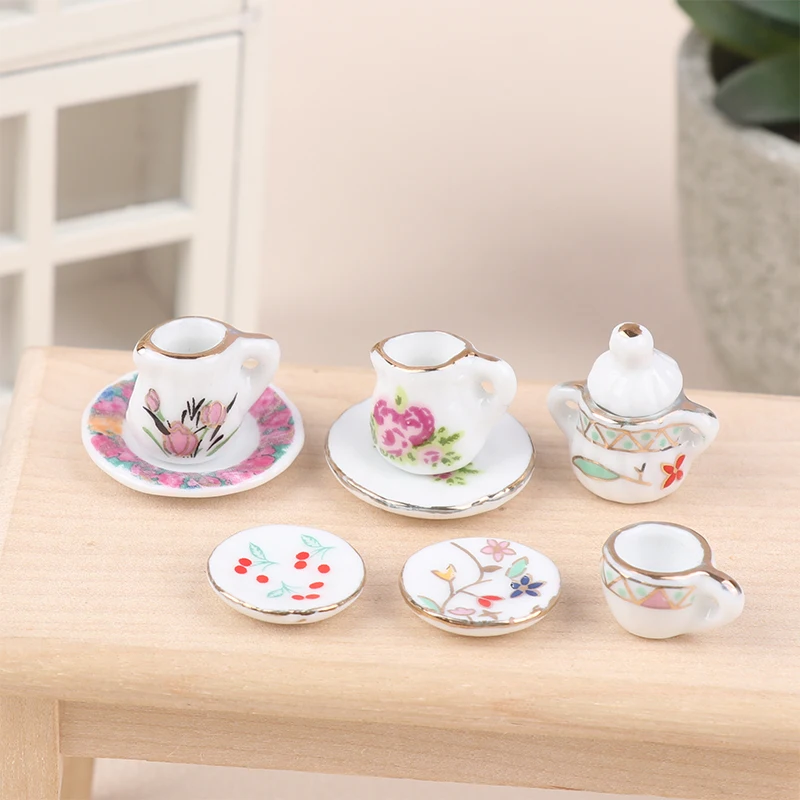 1 Satz antike Puppenhaus Miniatur Keramik Tee Set Tasse Kessel Tablett Blume Geschirr Küche Dekor Spielzeug Puppenhaus Zubehör – Detail 8