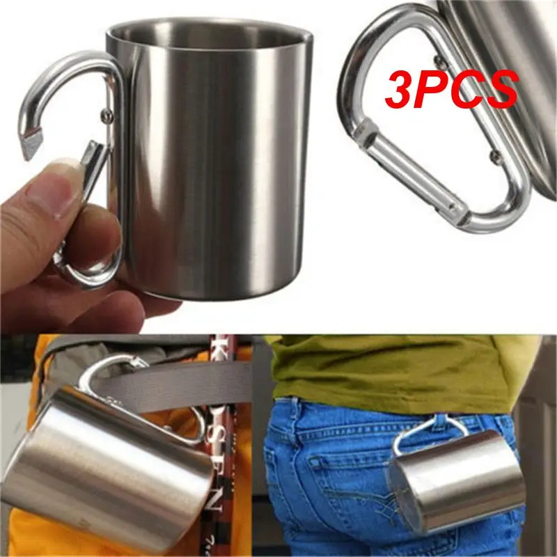 

3PCS 180ml Stainless Steel Cup for Camping Traveling Outdoor Cup Double Wall Mug with Carabiner Hook Handle