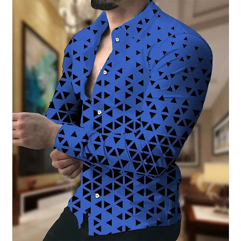 Men's suit shirt lapel geometric square plaid outdoor casual long sleeve button printed clothing designer casual and comfortable