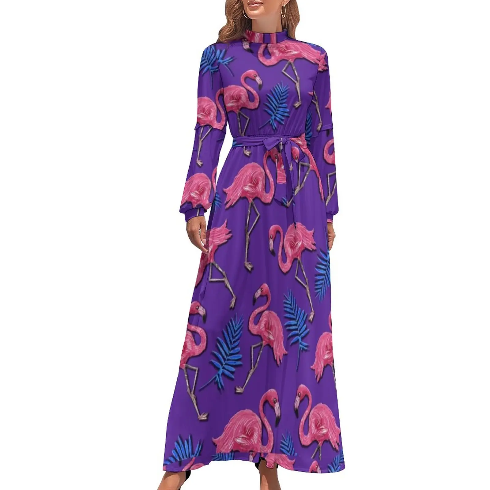 

Pink Flamingo Dress High Neck Tropical Bird Print Custom Bohemia Dresses Long Sleeve Aesthetic Long Maxi Dress Vintage Clothes