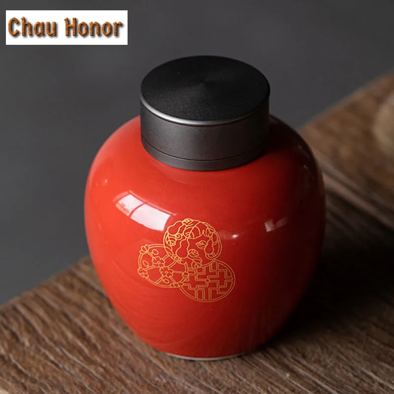 500ml BoutiquePalace Red Glaze Ceramic Tea Can Bronzing Hydrangea Art Tea Caddy Household Tea Leaf Mystery Box Puer Sealed Jar