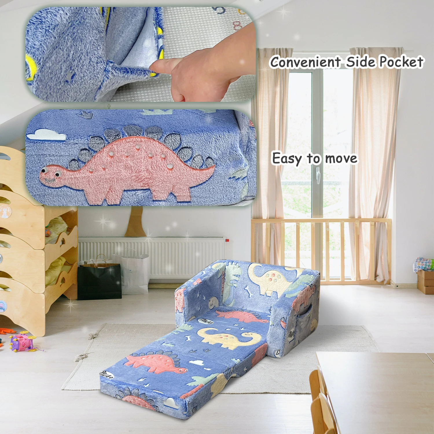 Kids Couch Fold Out, Flip Out Kids Sofa Chair, Foldable Toddler Couch for Girls Boys, Children Convertible Sofa for Playroom
