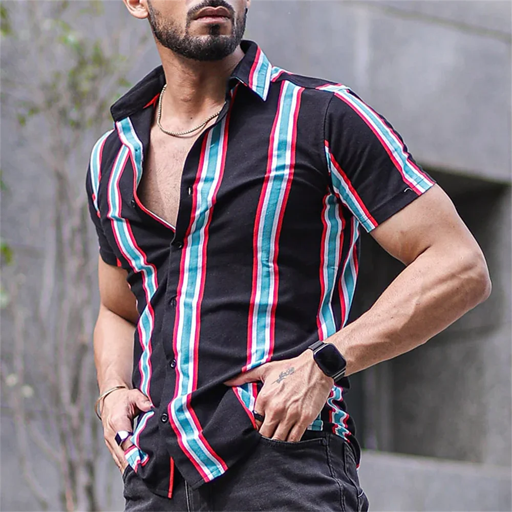 Summer Fashion Men's Striped Shirts Button Short Sleeve Lapel Streetwear Hawaiian Basic Blouse Classic Shirts for Men Polyster