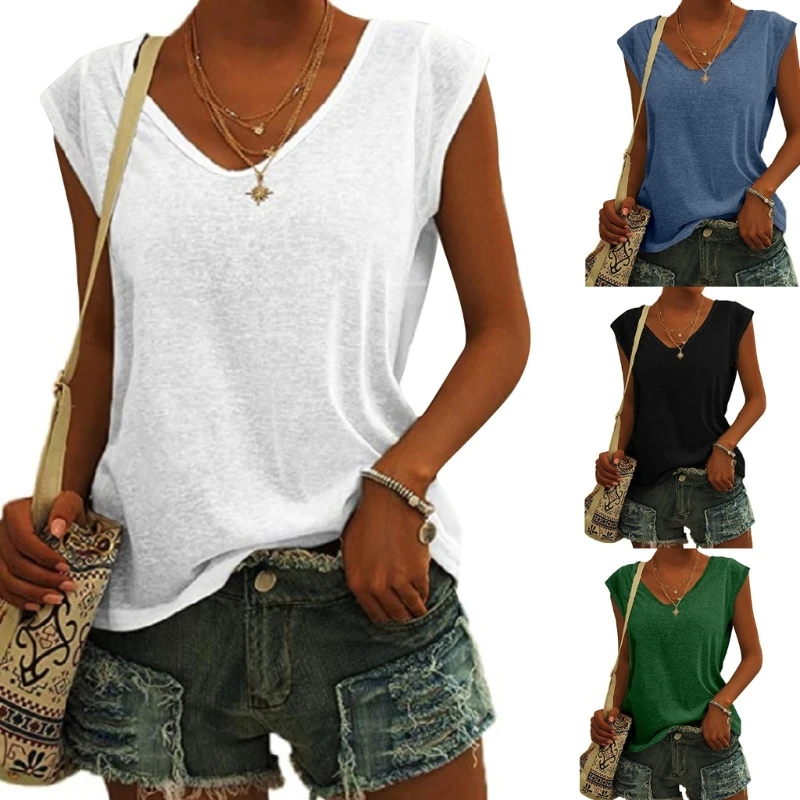 Womens Summer Cap Sleeve Top V-Neck Solid Color Casal Loose Fit T-Shirts Dropship