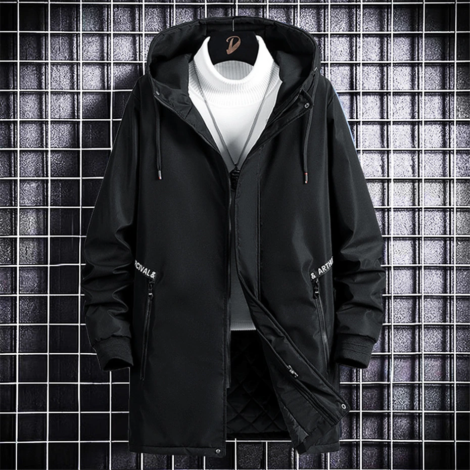 Long Cargo Jacket Men Plus Size 10XL Jackets Gradient Windbreak Spring Autumn Hooded Coat Male Black Windbreak Long Style 2
