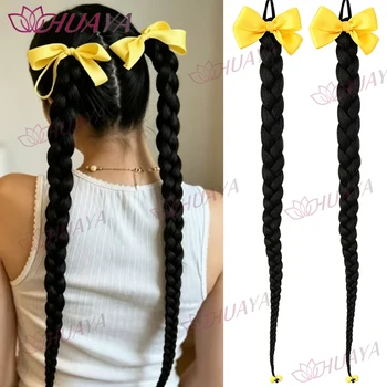2‑Pack Women's Synthetic 24‑Inch Long Black Braid Ponytail Hair Extensions, Bow Hair Ties, Straight Braid Hair Pieces, Re‑Stylab 1