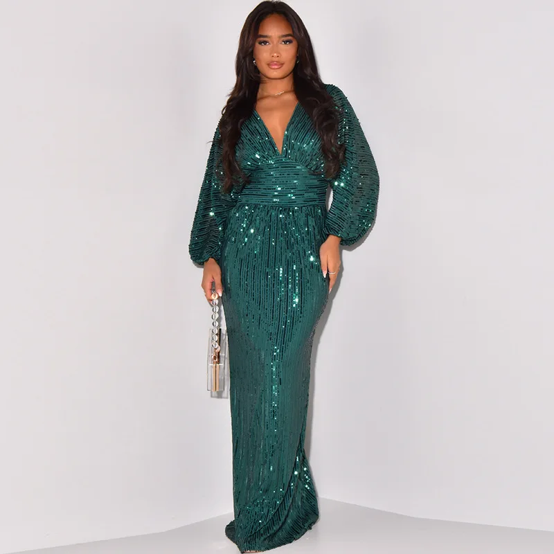 

Zoctuo Green Formal Christmas Dress Fall Sparkly Clothes Sequin Bodycon Long Dress 2023 Sexy V Neck Beaded Evening Party Robe