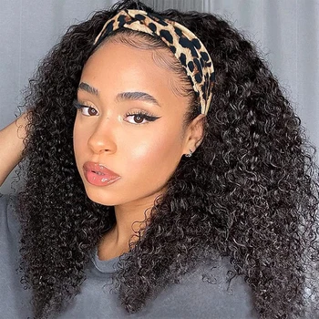 Peruca Curly Afro Kinky com Headband, Cabelo Humano, Máquina Completa Feita, Glueless, Mulher Negra