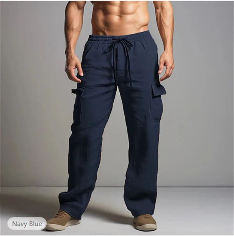 Men's Cotton Linen Long Pants Summer Solid Color Breathable Linen Trousers Male Casual Elastic Waist Casual Pants Harajuku Trous