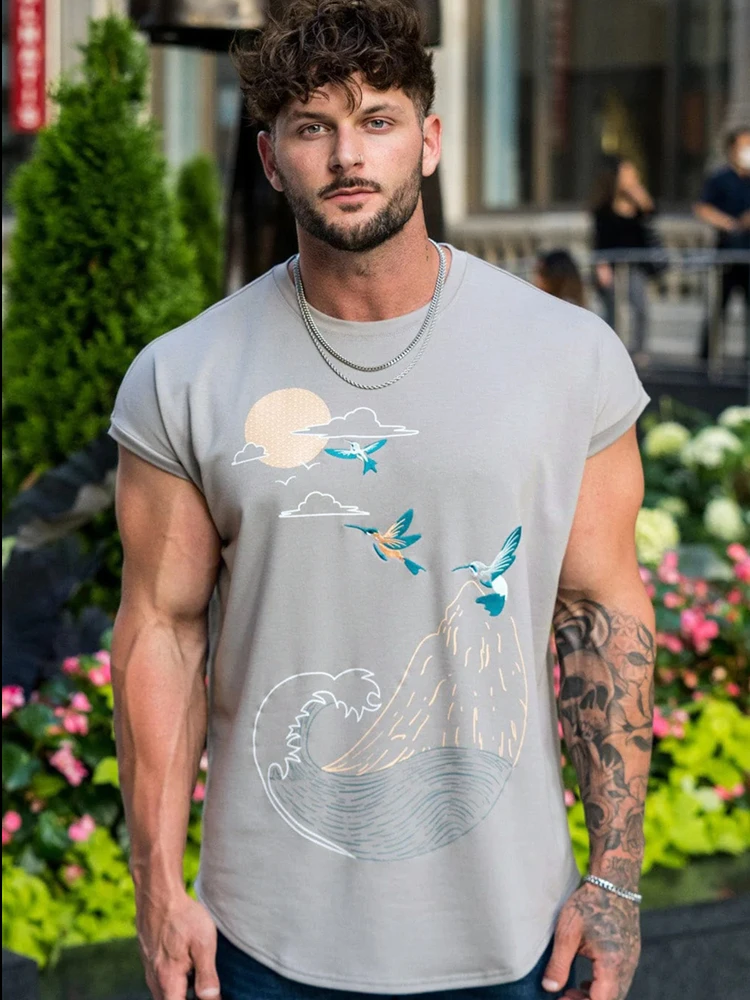 

men 2023 New cotton tank top shirt gym fitness clothing Solid auspicious clouds printing vest bodybuilding Sleeveless T-shirt