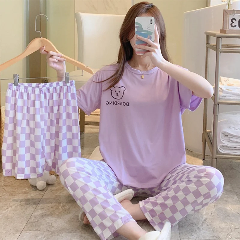 New Three-Piece Set Of Female Pregnant Women Summer Pajamas Women Short-Sleeved Trousers Casual Women's Pajamas Homewear Suit 2