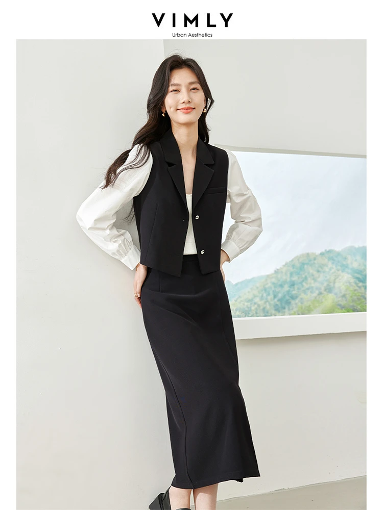 Vimly 블랙 심플 스커트 세트, 오피스 레이디스, 2024 용수철 스플라이스, 탑 스플릿 미디 스커트, 2 피스 세트, 여성 의상, M5910