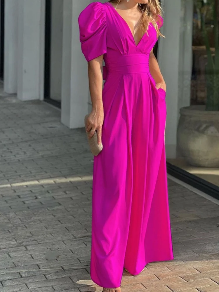 Wmstar 2025 New Summer Women Fashionable and Elegant Jumpsuits Short Sleeve Wide Leg Jumpsuits Solid Color Self Cultivation