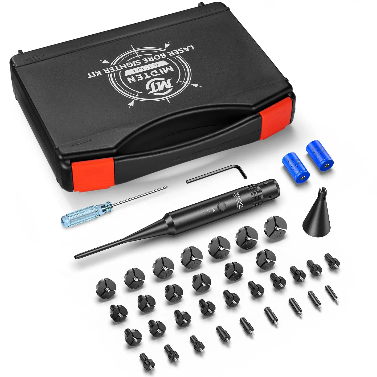 MidTen Green Laser Bore Sight Kit with Button Switch Professional Sighter with 32 Adapters for 0.17 to 12GA Calibers