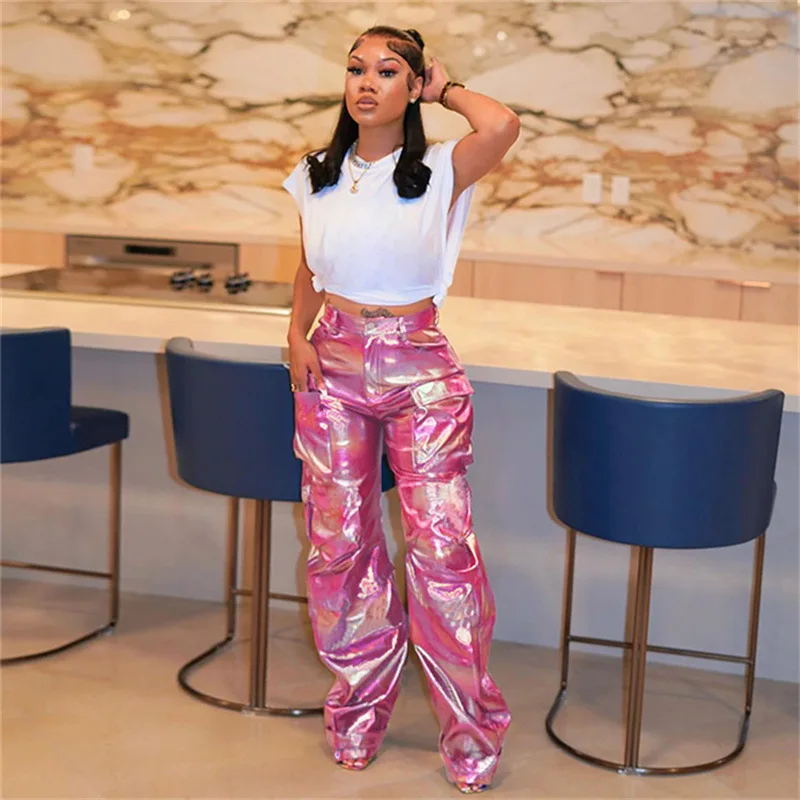 Bright Metallic Color Cargo Pants Women Y2K 2023 Autumn Winter Fashion 