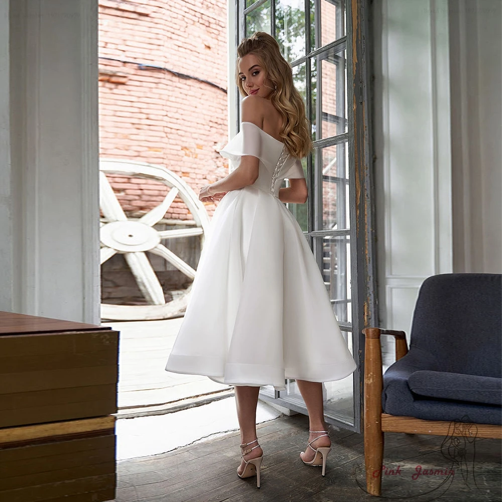 Elegant Sweetheart Off Shoulder Wedding Dresses Women Summer Mid Calf Organza Bridal Gowns Pleat Robe De Mari&eacute;e