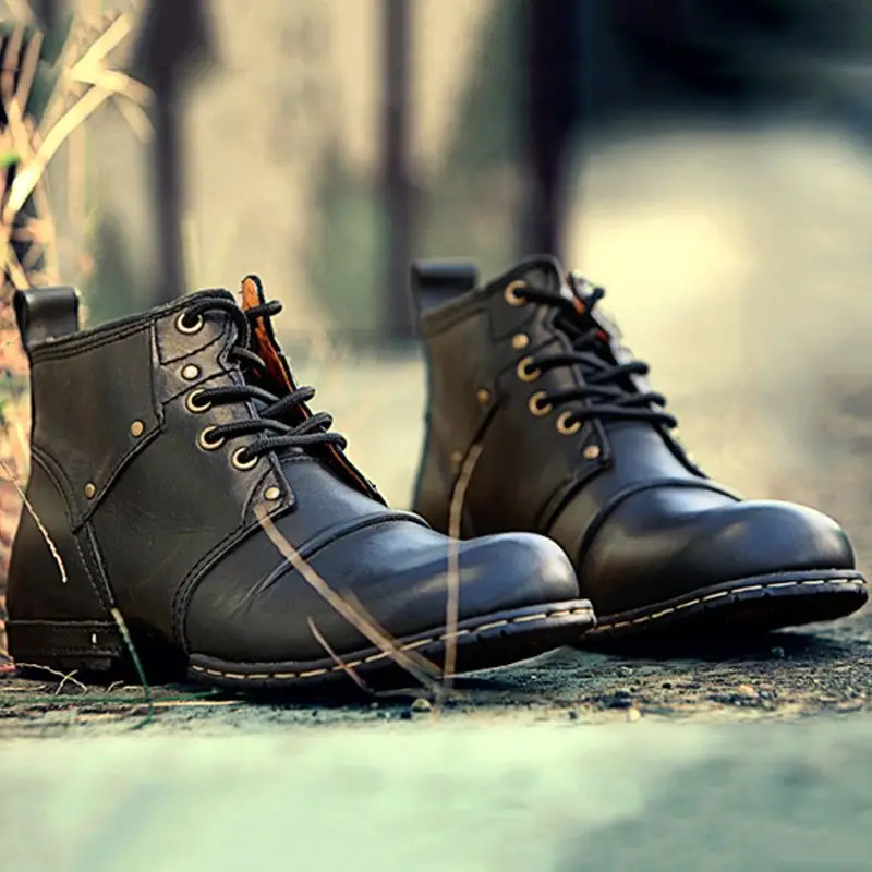 Genuine Cow Leather Motorcycle Boots for Men Biker Retro Punk Martin Shoes Motorbike Moto Boots Protective Gear