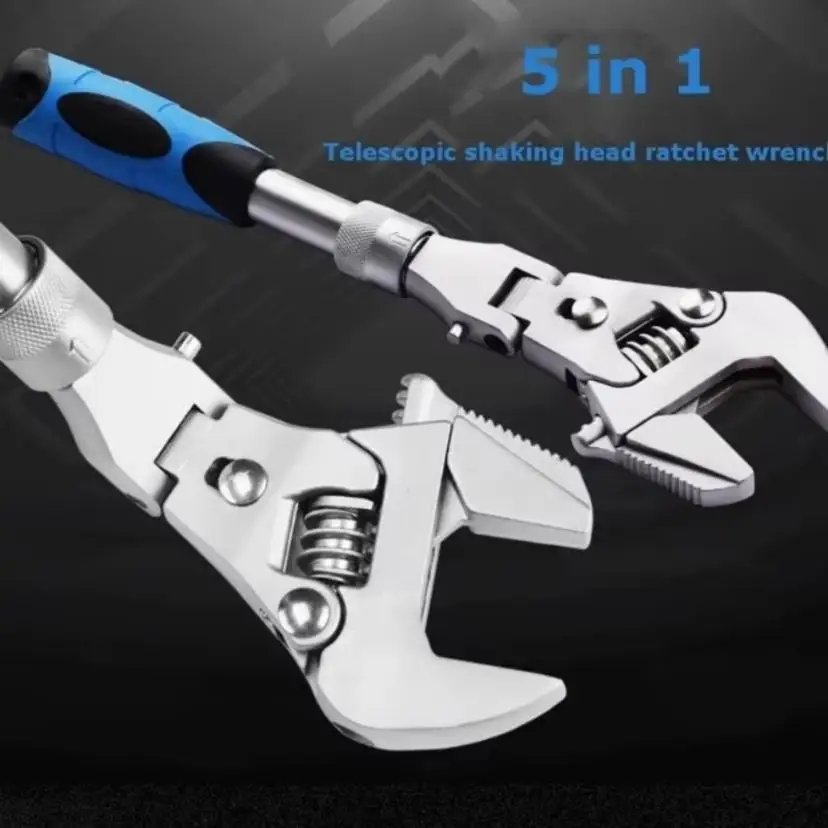 1 Pcs Multi Functional Five In One 10 Inch Extendable Adjustable Wrench Foldable Shaking Head Ratchet Wrench