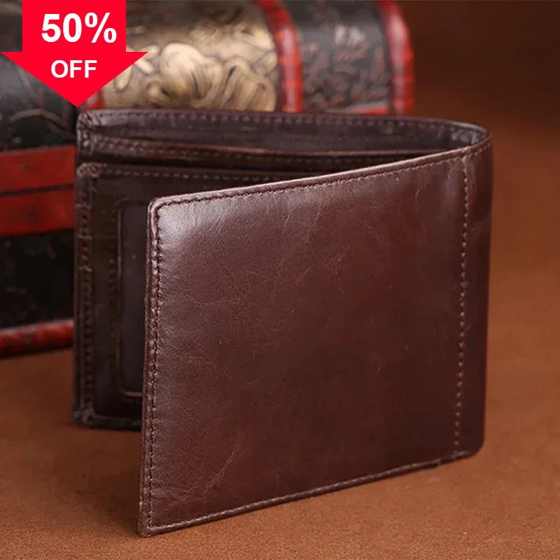 Oil Wax Cowhide Purse Wallets For Women & Men Vintage Famous Brand Pocket ID Cards Holder Coin Genuine Leather Short Wallet
