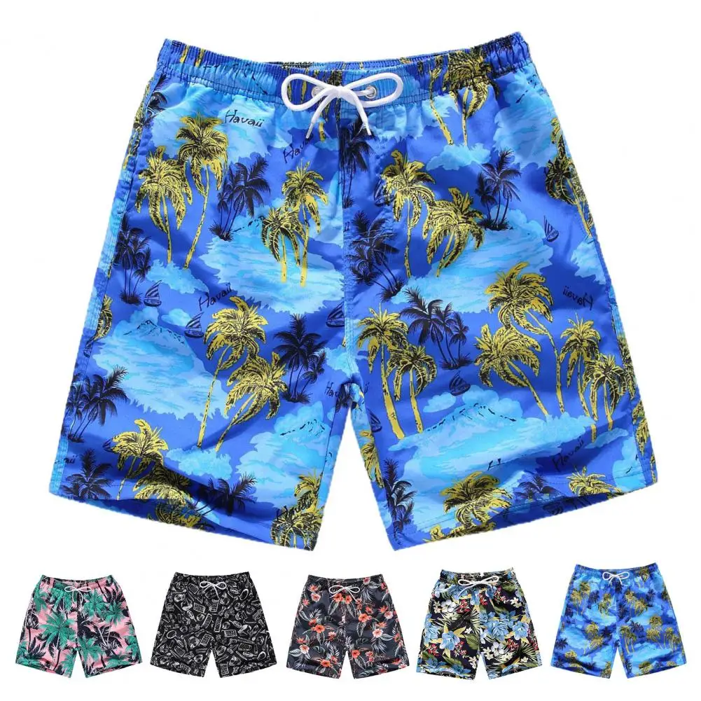 

Elastic Waistband Drawstring Beach Shorts Men Flower Coconut Tree Print Surfing Board Shorts Knee-Length Wide Leg Beachwear