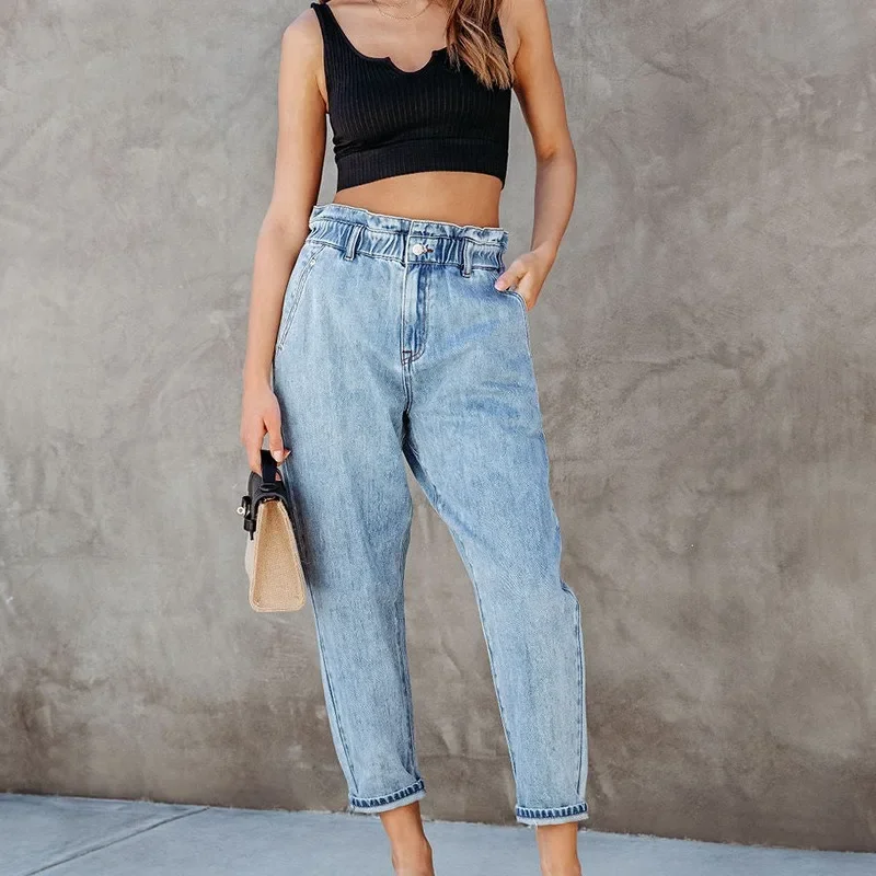 

Elastic Waist Jeans Spring Summer Korean Retro Jeans Female Cartoon Girl Patch Pocket Embroidery Distressed Harem Pants Women