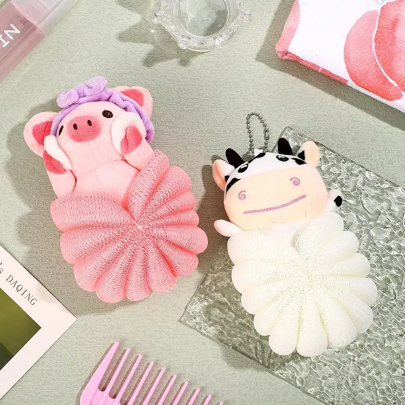2Pcs Bath Loofahs Kids Toddler Cute Cartoon Bath Sponges Loofah Pouf Body Scrubber Mesh Sponges