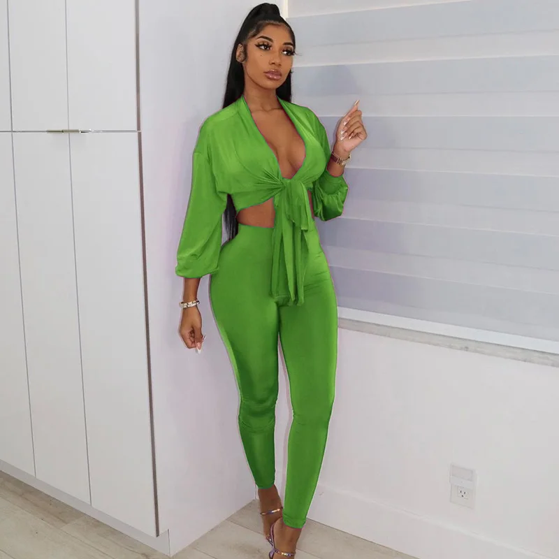 

Streetwear Casual Bandage Two Piece Outfits 2023 Lantern Sleeve V-neck Crop T-shirt Top and Pant Sets Matching Sets Club Outfits