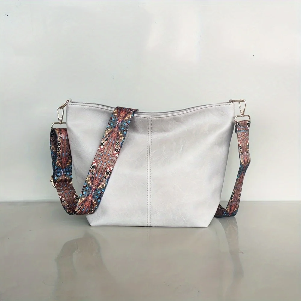 Modische Umhängetasche mit breitem Schultergurt, Retro-Umhängetasche für Damen aus PU-Leder, lässige Beuteltasche – Detail 10