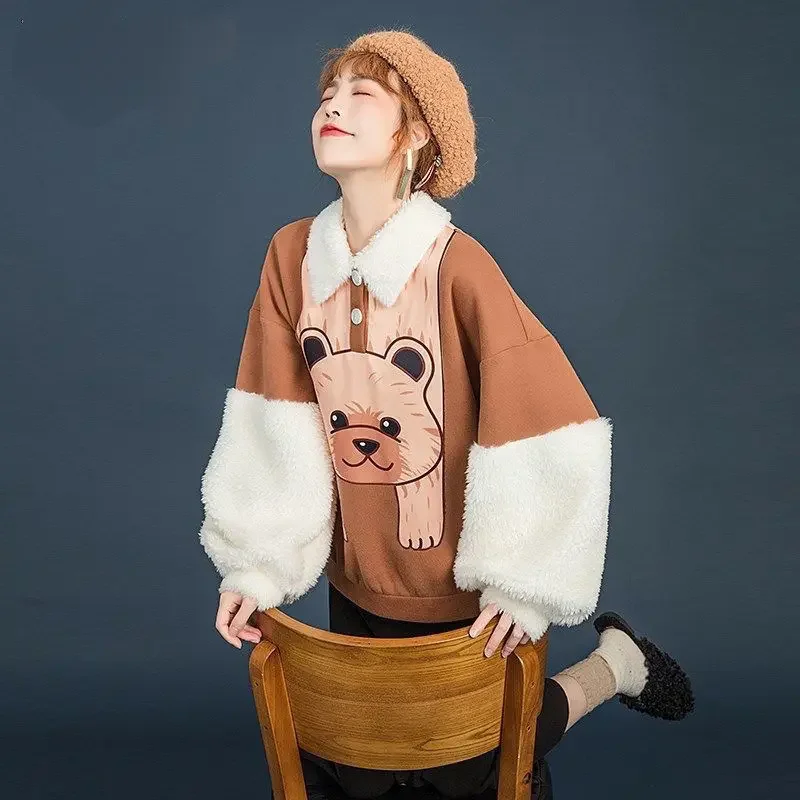 

Свитшот женский свободного покроя, милая кофта в стиле пэчворк с мультяшным принтом, пуловер, Свитшот оверсайз, весна-осень