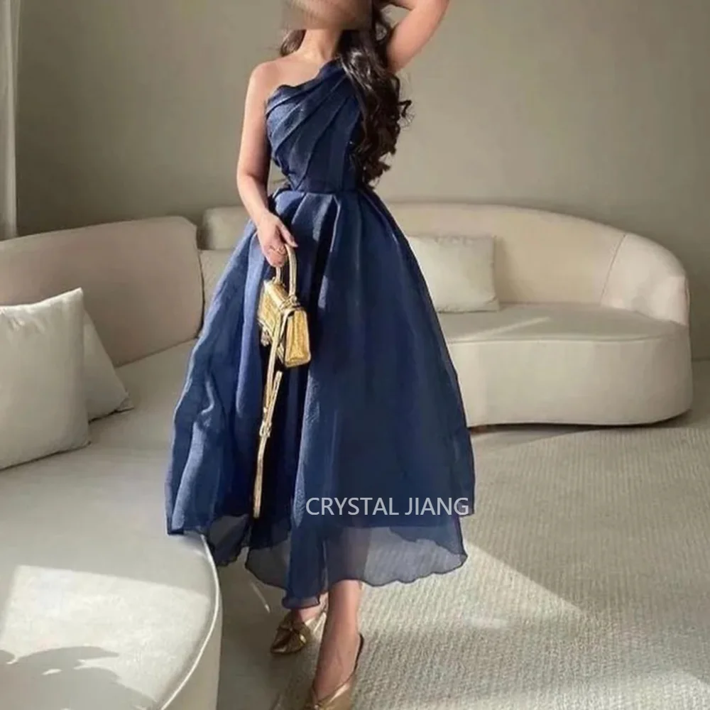 

Classy Long Navy Blue One Shoulder Tulle Evening Dresses Sleeveless A Line Tea Length Vestidos Para Eventos Especiales