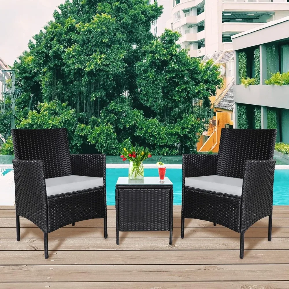 

3 Piece Outdoor Black Wicker Chair Small Patio Furniture, Front Porch Furniture Patio Chairs Set of 2 with Glass Top