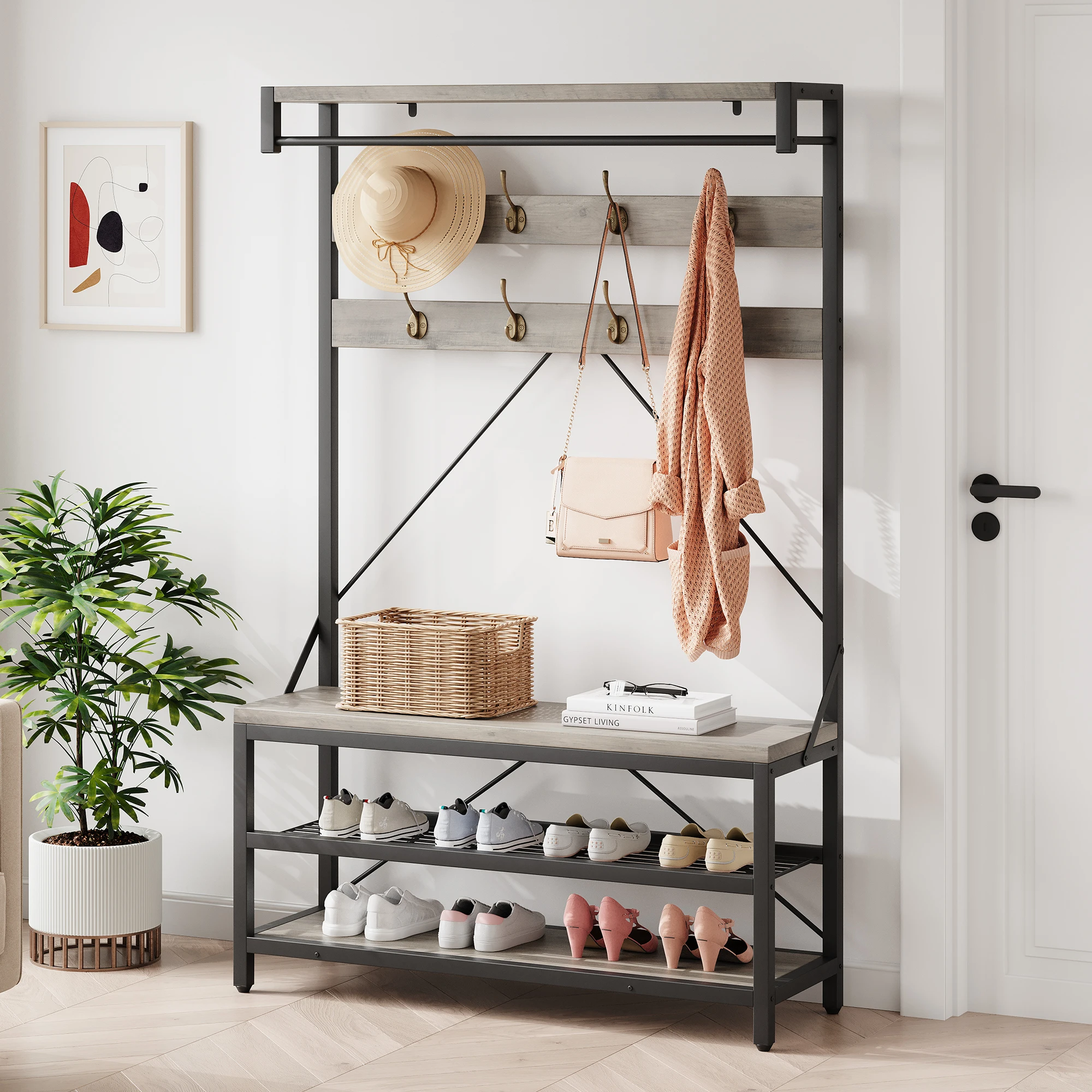 Coat Rack Shoe Bench, 4-in-1 Entryway Bench with Coat Rack with 8 Hooks and 3-Tier Storage Shelf, Wood Look Accent Furniture