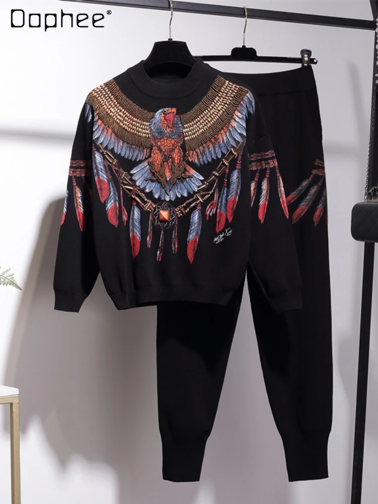 

Round Neck Pullover Long Sleeve Sweater Knitted Pants Two-Piece Set Women 2023 Autumn Fashion Floral-Print Beaded Knitting Set