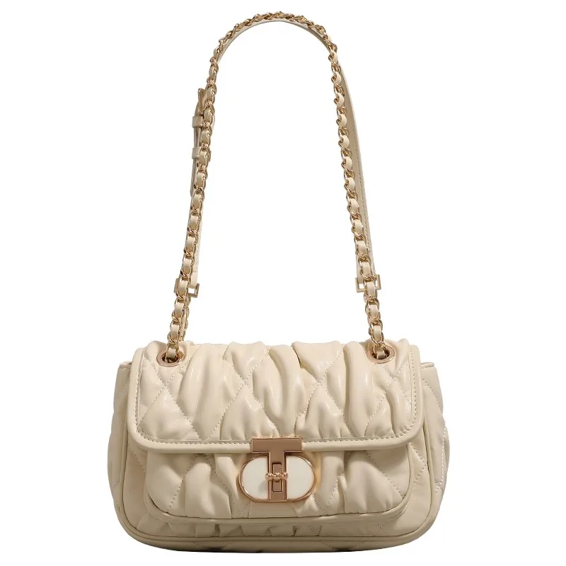 Elegant Pleated Chain Handbag Women Fashion Light Luxury Square Shoulder Bag Ladies Gentle Quiet Sle Crossbody Shoulder Bag 2025