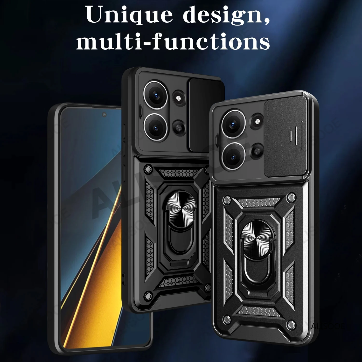 Coque Xiaomi Redmi 15C Avec Cache Caméra Coulissant - Silicone, Bague Métallique, Noire, Marque Avizar