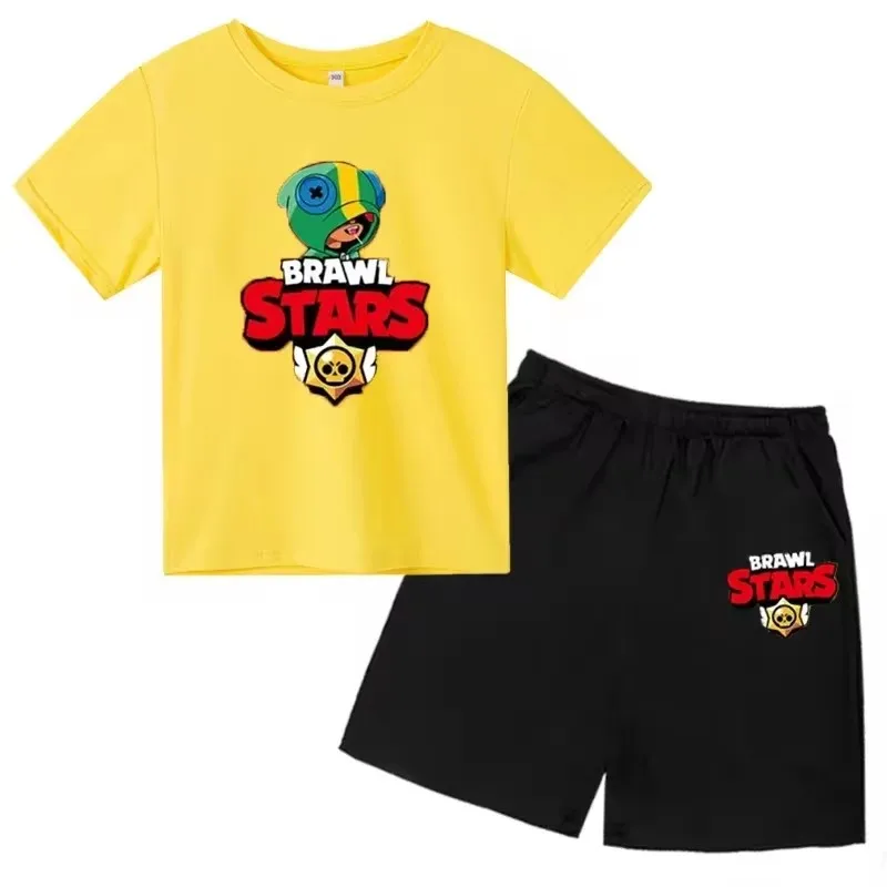 thumbnail image 1 of Conjunto de 2 camisetas y pantalones de manga corta con cuello redondo y estrellas para niños de 3 a 13 años, ropa para niños y niñas, 1 of 5