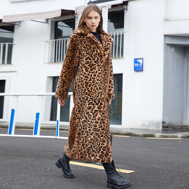 Chaqueta de piel de imitación con patrón leopardo para mujer, pelo de conejo, traje súper largo, cuello, abrigo de piel - AliExpress