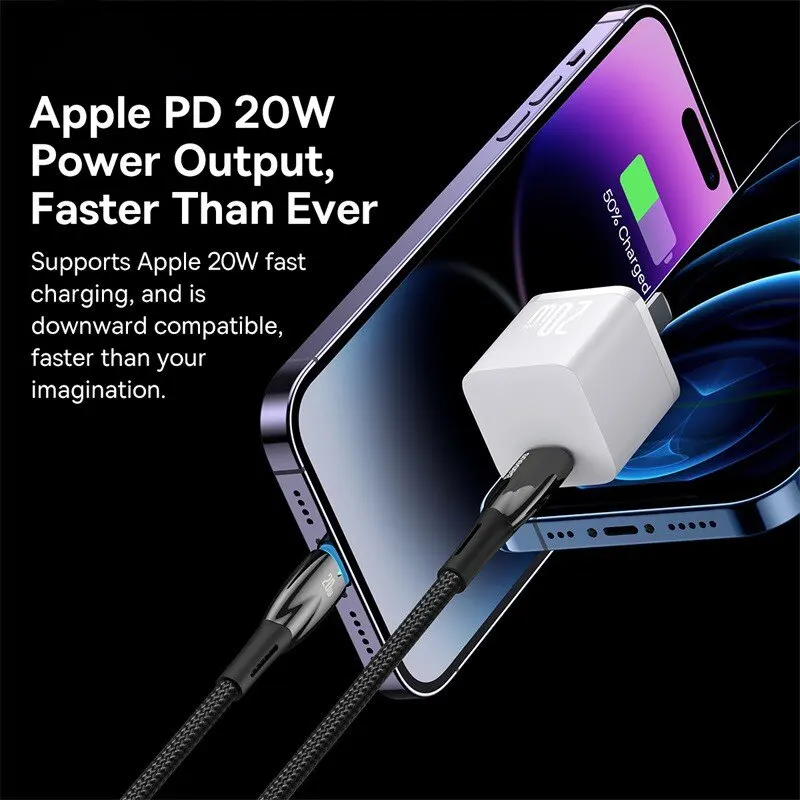 Baseus 아이패드용 LED USB C 타입 케이블, 고속 충전 충전기, 라이트닝 와이어 코드, 아이폰 14, 13, 12, 11 프로 맥스, XS, Xr, PD, 20W