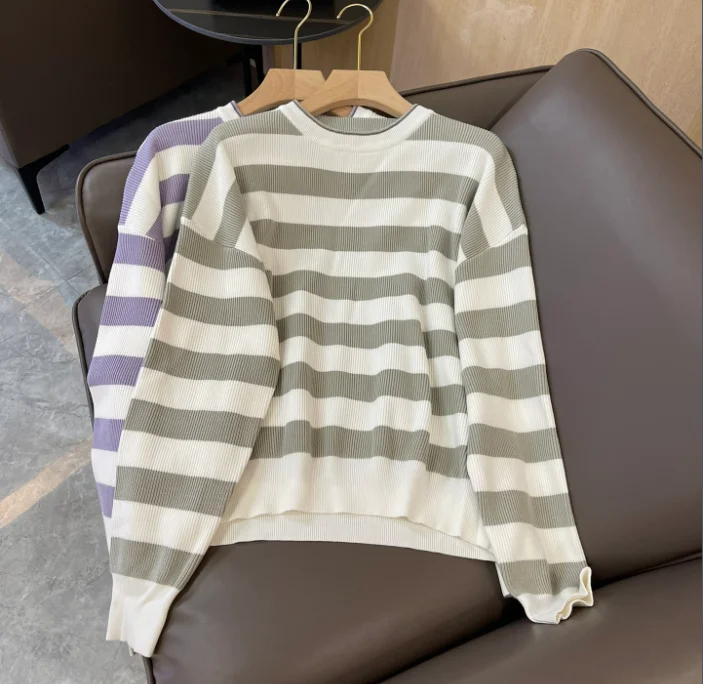 

2023 Summer and Autumn New Women's Clothing Classic Simple round Neck Striped Wool Knitted Long Sleeve Sweater 0814