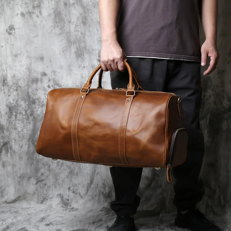 NZPJ Vintage Genuine Leather Men's Travel Bag Large Capacity Luggage Bag Crazy Horse Leather Handbag Natural Cowhide Crossbody