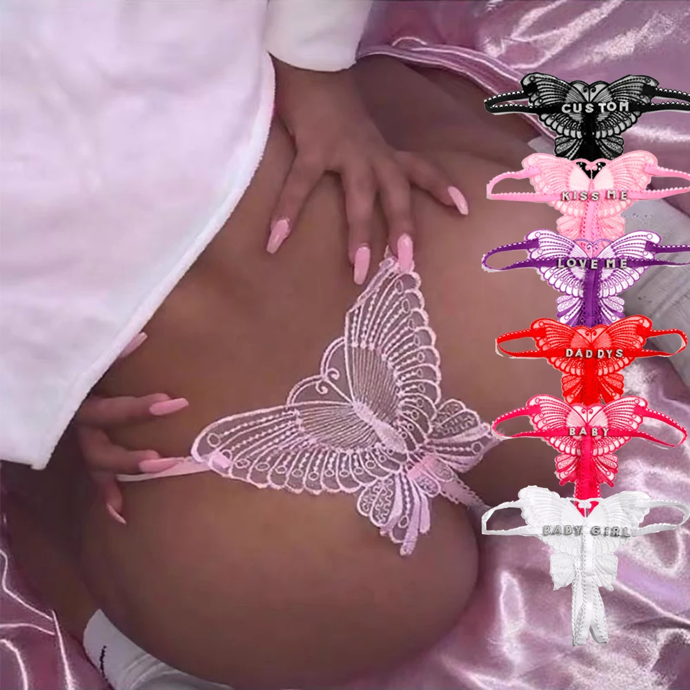 

Custom Sexy Butterfly Letters Name Thong Women Panties DIY Transparent Low Waist G string Underwear Body Jewelry Drop Shipping