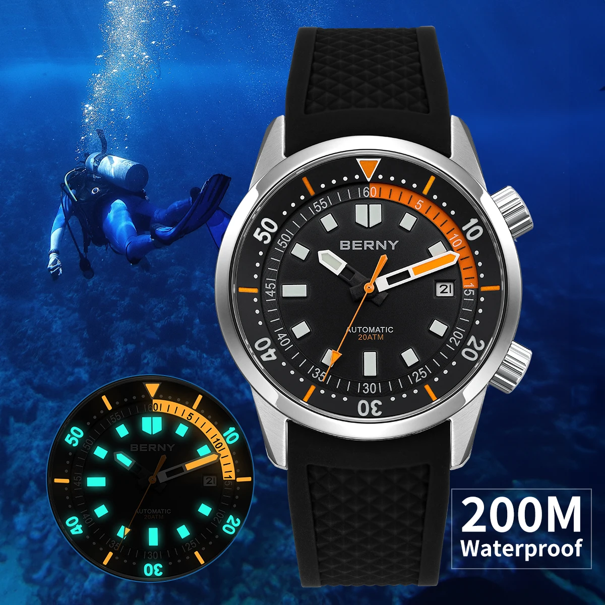 BERNY Men Dive Watch Super Luminous 42mm Sapphire Glass MIYOTA 8215 200M Waterproof Automatic Mechanical Compass Swim Watches