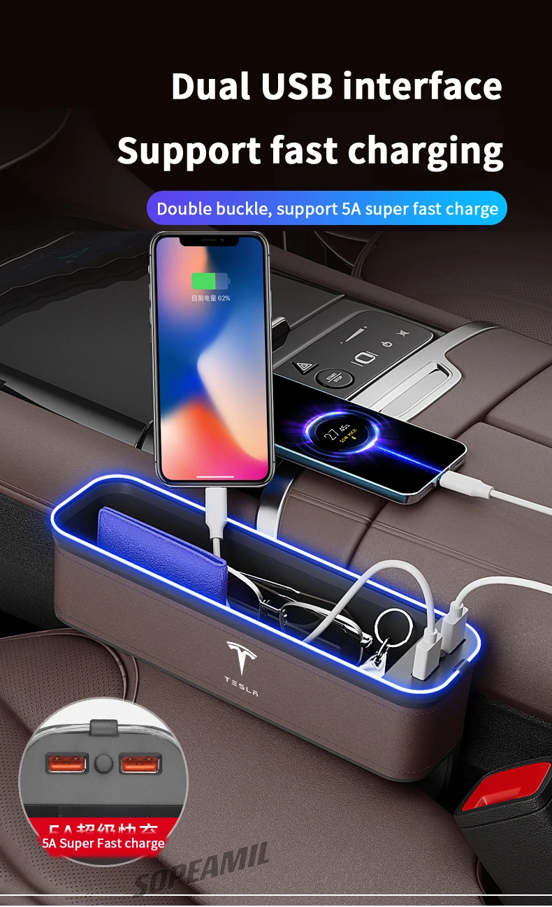 Car USB Charging Multifunction Crevice Storage Box Seat Gap Box For Tesla Cybertruck Roadster Model 3 Model Y Model S Model X